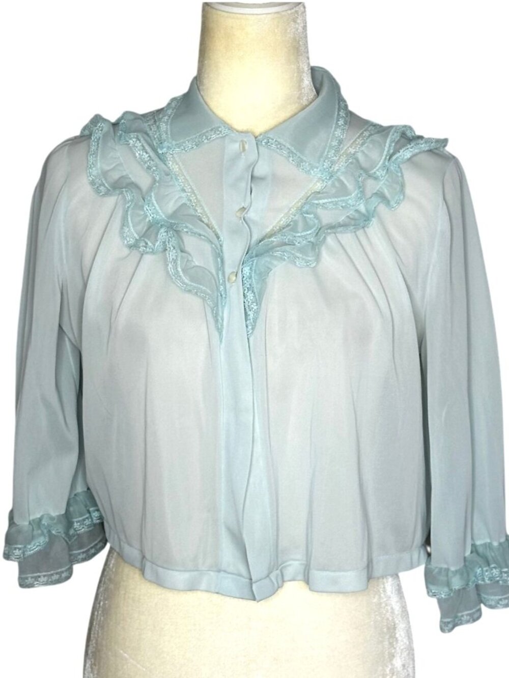 Vintage 60s Sheer Nylon Bed Jacket Blue Ruffle Lace Trim Luxite Medium